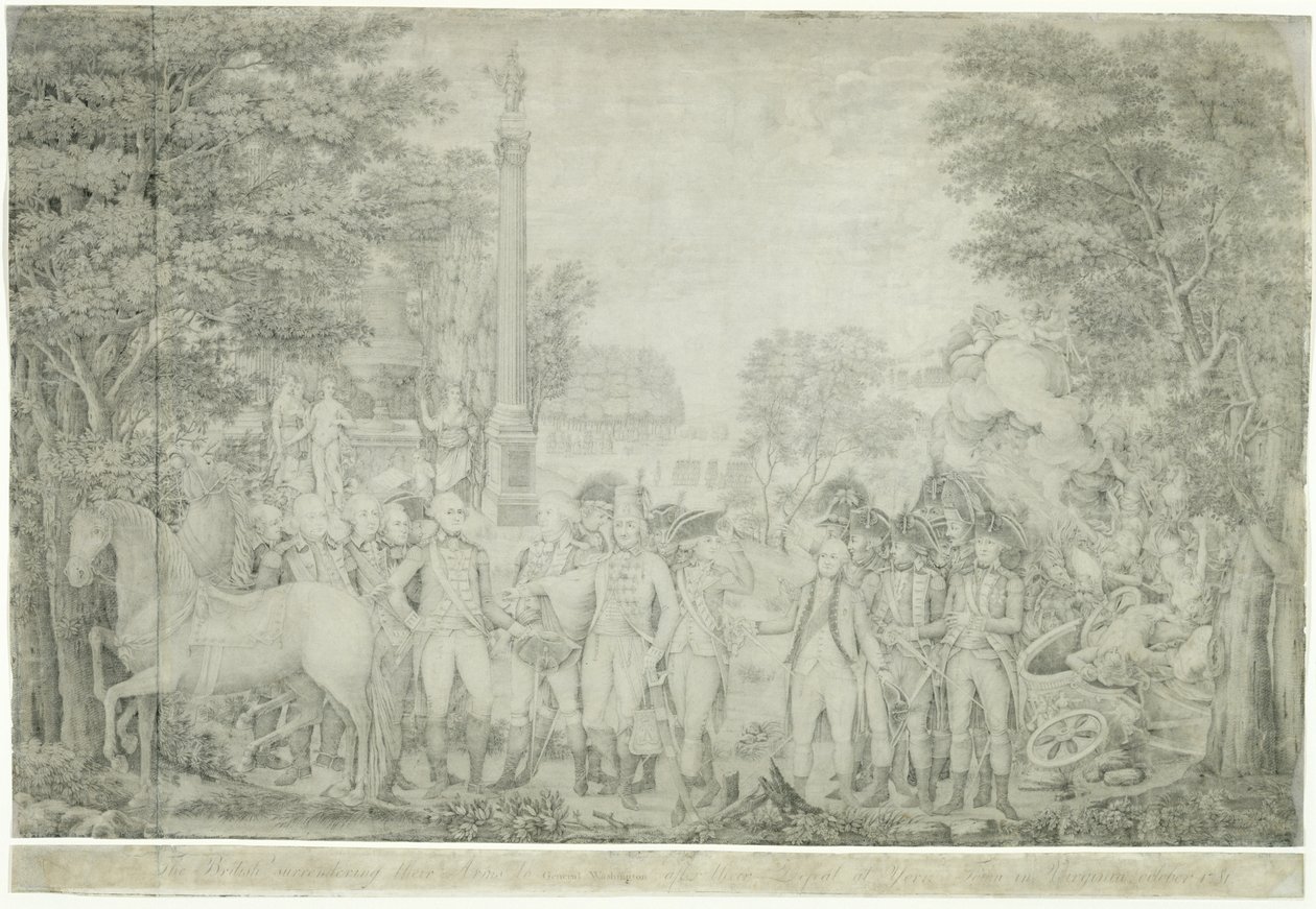 La resa delle armi britanniche al Generale Washington dopo la sconfitta a Yorktown in Virginia, ottobre 1781 da John Francis Renault