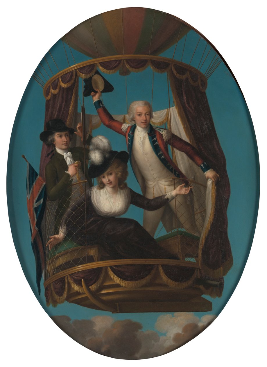 Il capitano Vincenzo Lunardi con il suo assistente George Biggin e la signora Letitia Anne Sage, in una mongolfiera da John Francis Rigaud