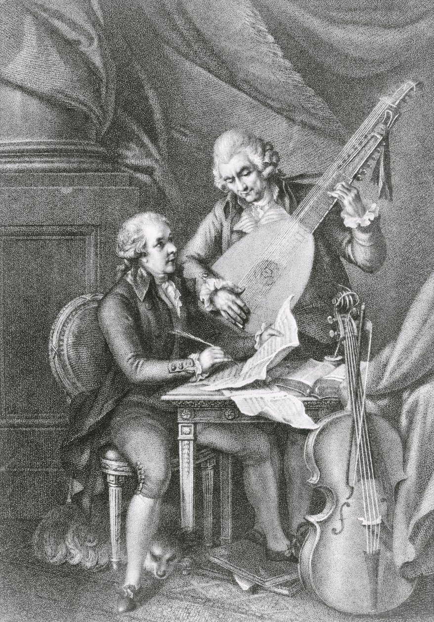 Ritratto di Franz Joseph Haydn e Wolfgang Amadeus Mozart che compongono musica per il liuto, inciso da Michele Benedetti da John Francis Rigaud