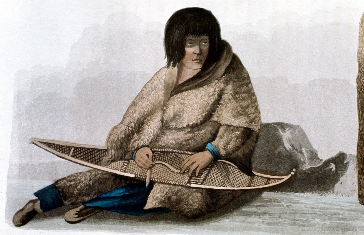 Ragazza indiana di rame che ripara una racchetta da neve, 1823 da John Franklin
