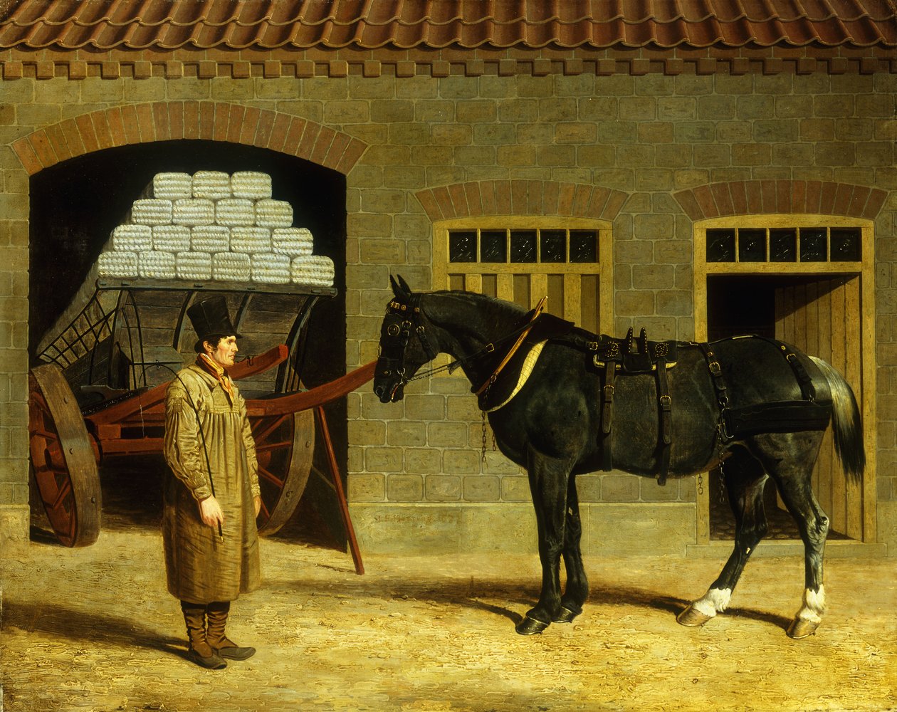 Un cavallo da tiro e un conducente fuori da una stalla da John Frederick Herring Senior