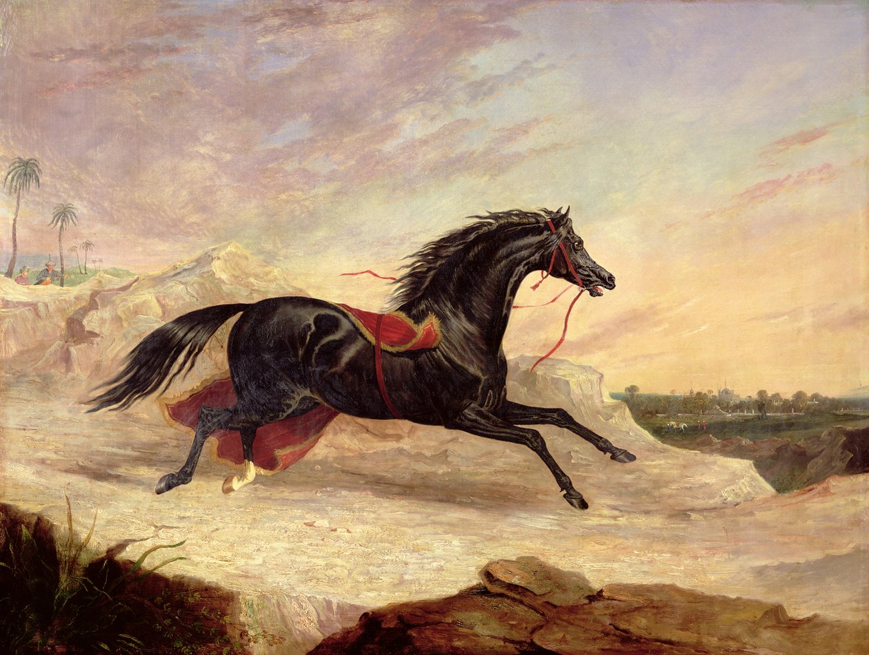 Arabi che inseguono un cavallo arabo sciolto in un paesaggio orientale da John Frederick Herring Senior