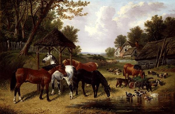 Cavalli vicino a uno stagno di fattoria da John Frederick Herring Senior