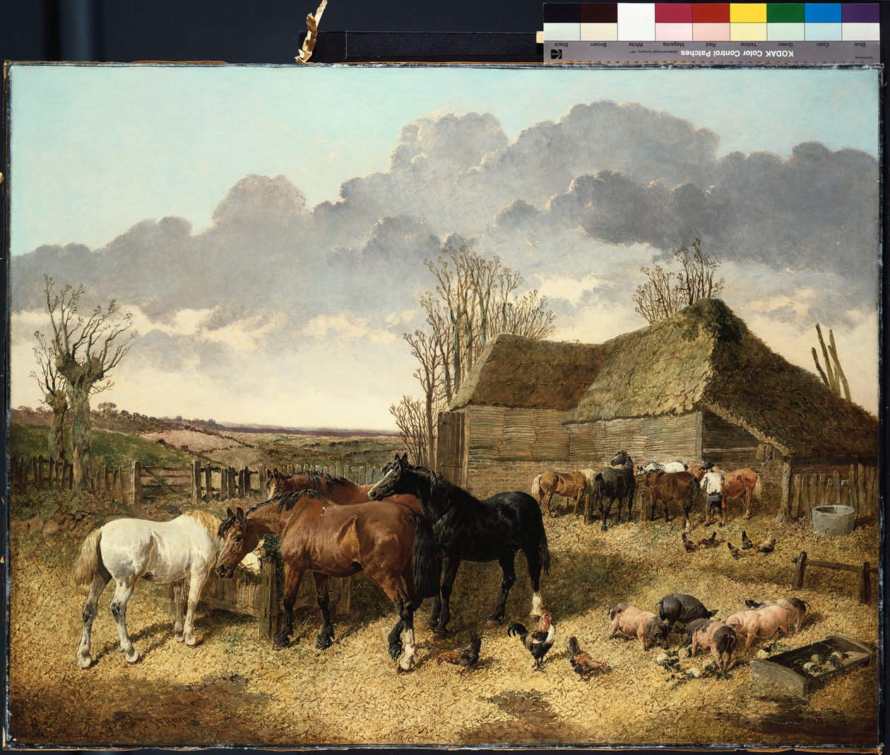Cavalli che mangiano da una mangiatoia, con maiali e galline in un cortile da John Frederick Herring Junior