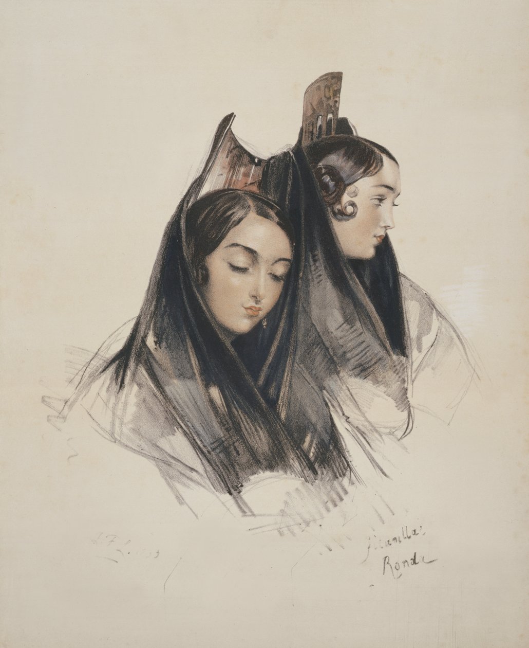 Ragazze di Ronda, Andalusia, tavola 11 da Schizzi di Spagna, inciso da Charles Joseph Hullmandel (1789-1850) pubblicato nel 1836 da John Frederick Lewis