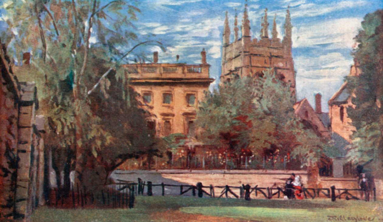 Il Corpus Christi College e la Merton Tower, da Christ Church Meadows (litografia a colori) da John Fulleylove