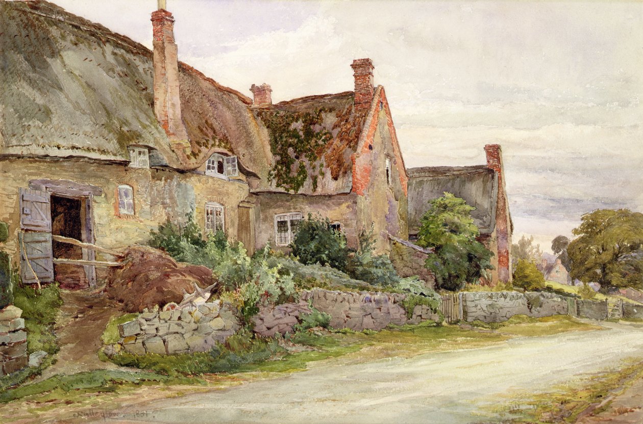 Cottage con tetto di paglia con fienile adiacente, 1881 da John Fulleylove