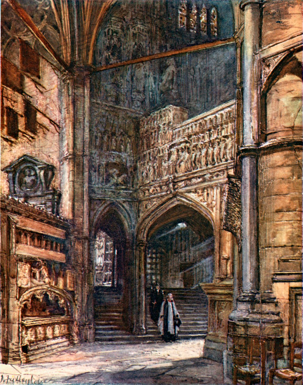 Ambulatorio nord, con la scalinata che conduce alla cappella di Enrico VII (litografia a colori) da John Fulleylove