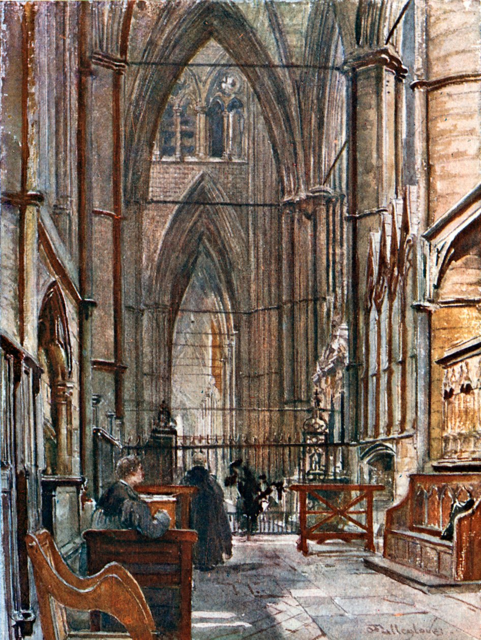 Ambulatorio sud, guardando verso ovest lungo la navata sud del coro (litografia a colori) da John Fulleylove