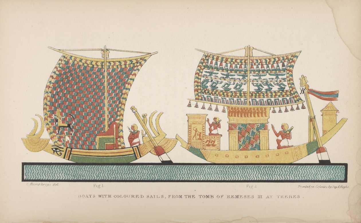 Barche con vele colorate, dalla tomba di Ramesse III a Tebe, illustrazione da "Usi e costumi degli antichi egizi..." da John Gardner Wilkinson