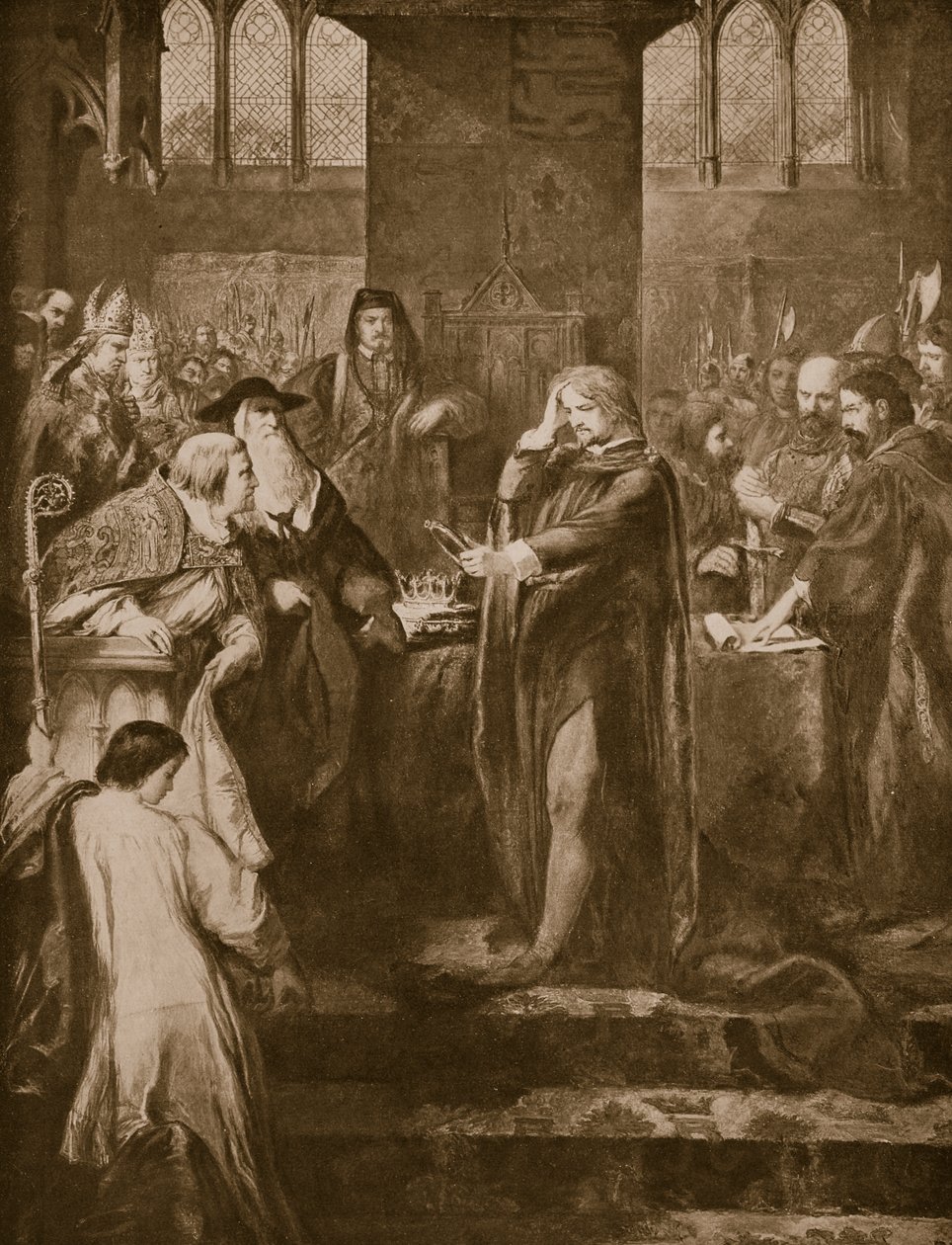 Re Riccardo II che abdica la corona al cugino Bolingbroke, illustrazione da 