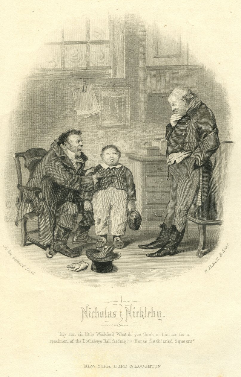 Nicholas Nickleby: Wackford Squeers e il giovane Wackford Squeers, inciso da H.B. Hall und Sons, 1867 da John Gilbert