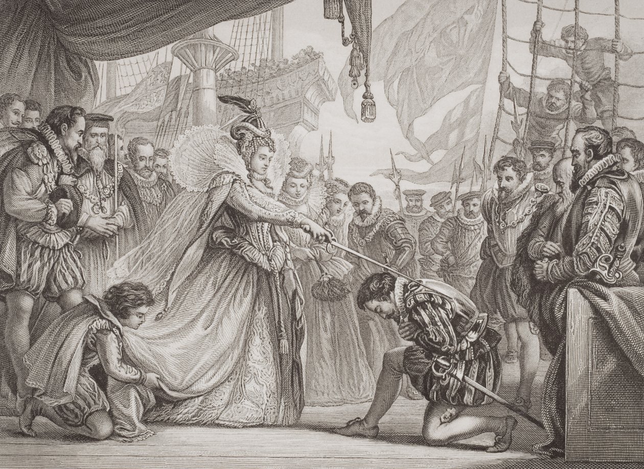 La regina Elisabetta I (1530-1603) che nomina cavaliere Francis Drake (1540-96) da 