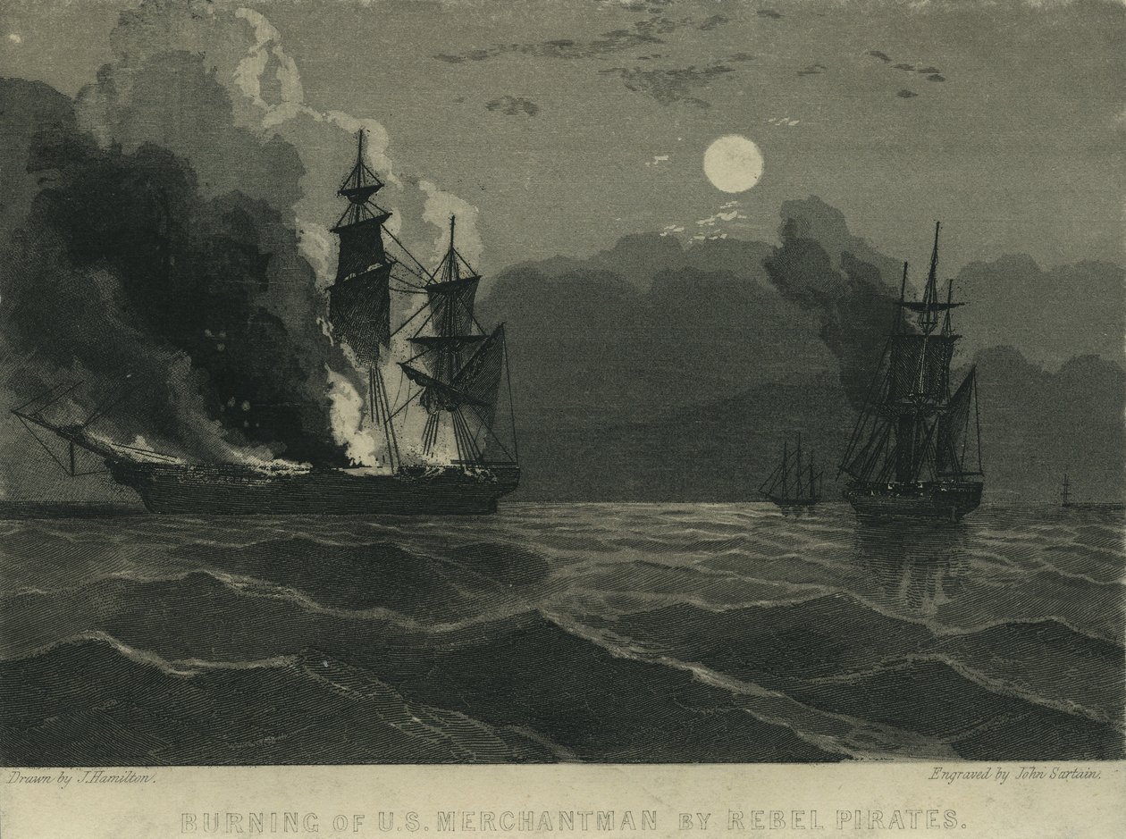 Incendio di una nave mercantile statunitense da parte dei pirati ribelli, 1865 da John Hamilton