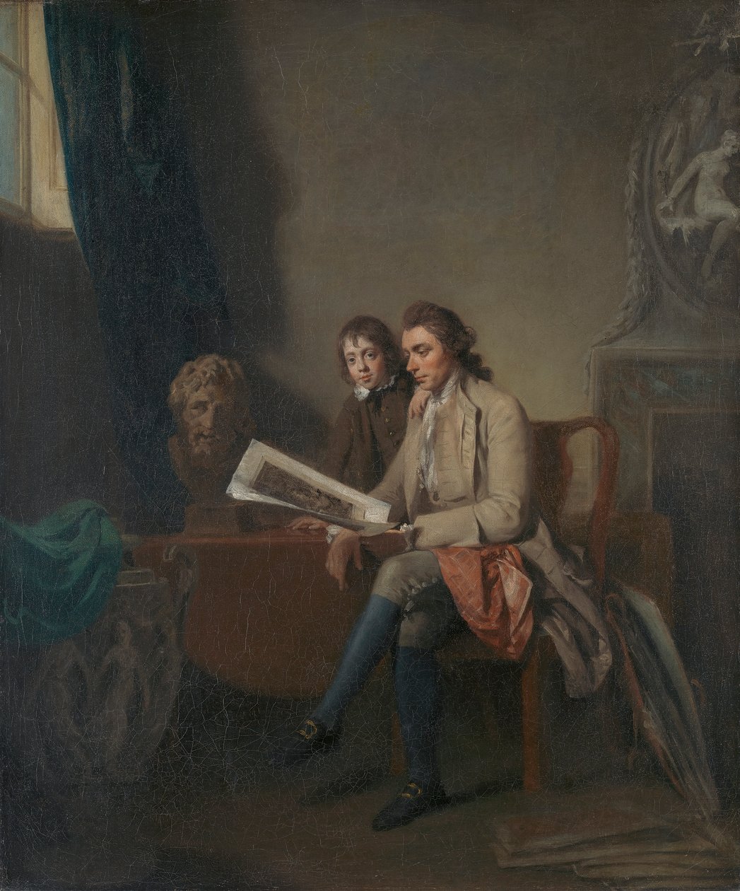 Ritratto di un uomo e un ragazzo che guardano stampe da John Hamilton Mortimer