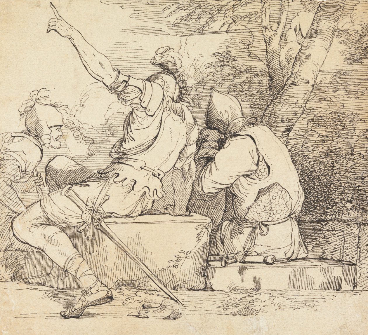 Tre soldati in armatura seduti su blocchi di pietra da John Hamilton Mortimer