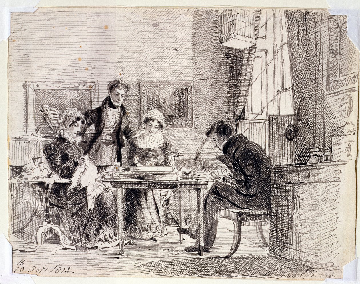 Gruppo familiare che cuce e legge, 10 ottobre 1823 da John Harden