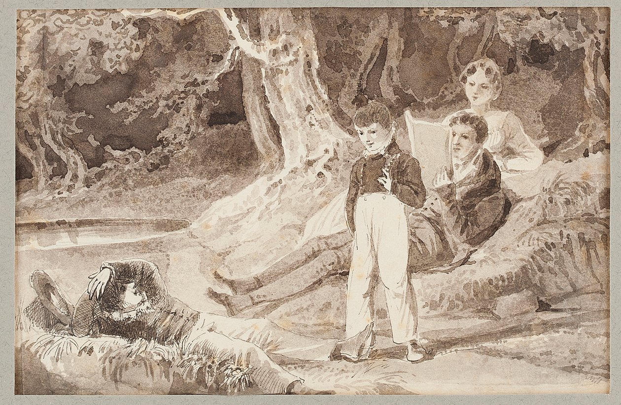 Quattro figure tra gli alberi in una giornata calda, 1807 da John Harden