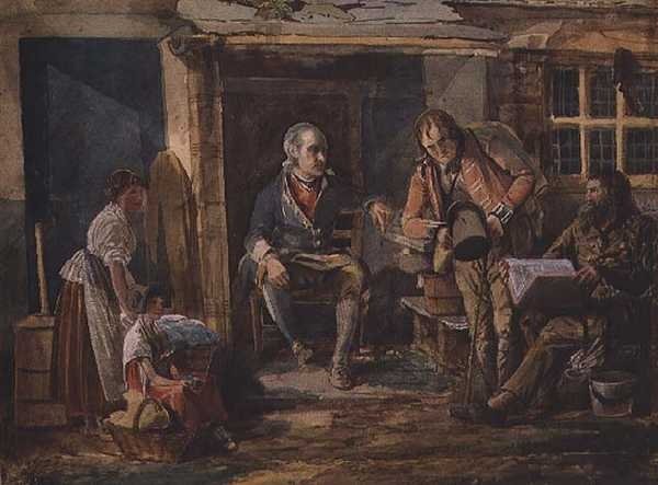 Gruppo incluso un soldato fuori dalla porta di un cottage da John Harden