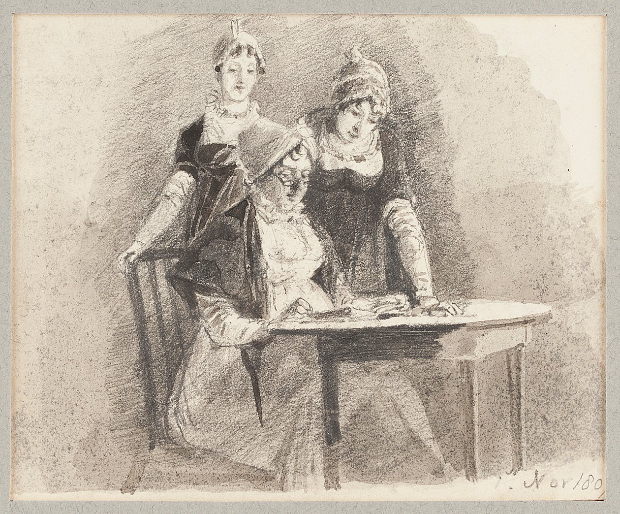 Tre a un tavolo, uno seduto, 1807 da John Harden