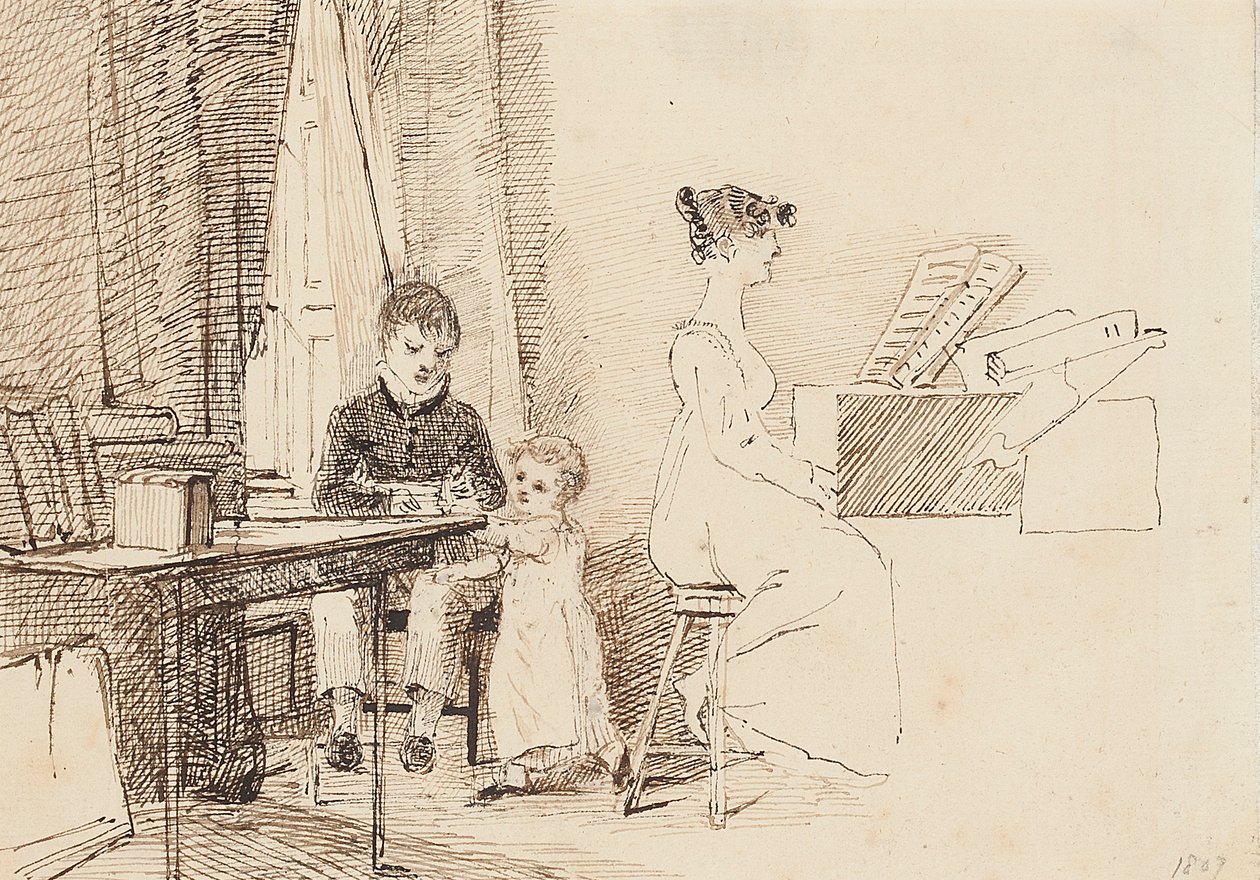 Due bambini e una donna al pianoforte, 1807 da John Harden