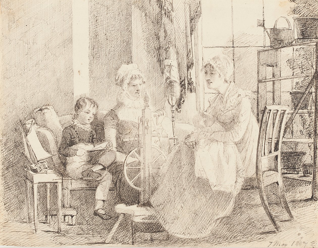 Donne alla ruota di filatura e un ragazzo con una barca giocattolo, 1807 da John Harden