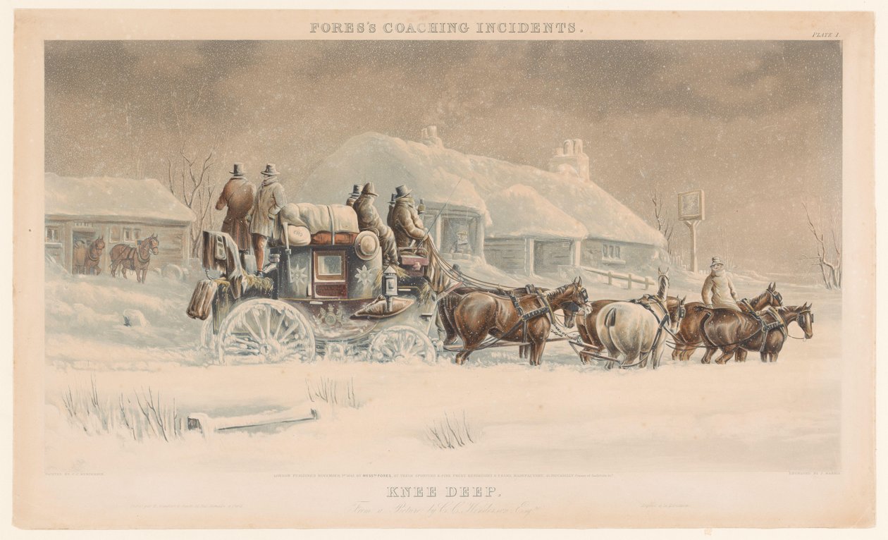 Carrozza con sei cavalli nella neve in un paesaggio invernale Fores incidenti con carrozze (titolo della serie) da John Harris