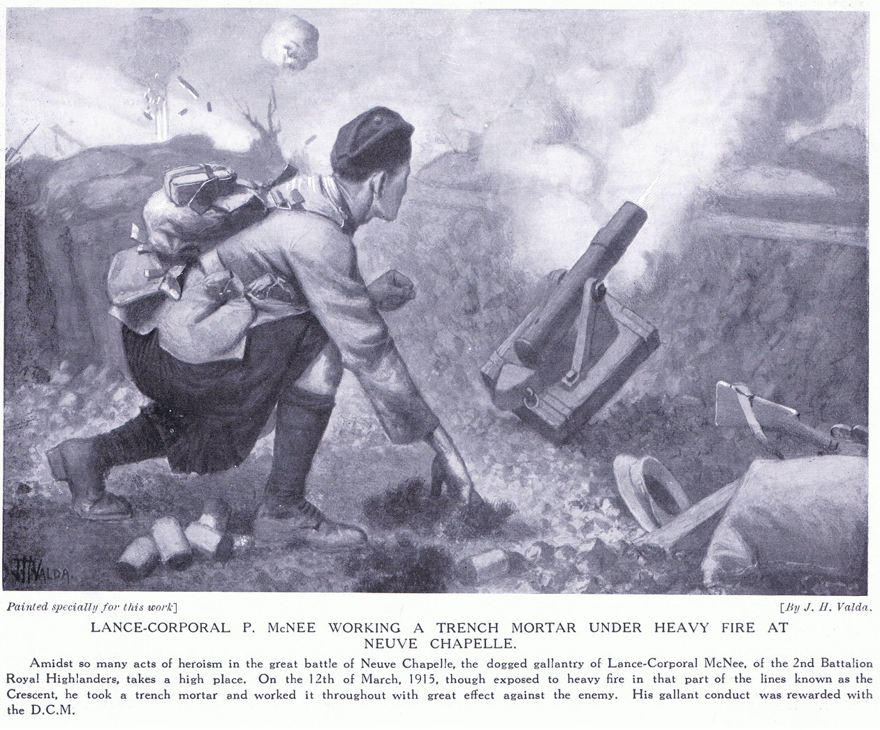Caporale P McNee che lavora un mortaio da trincea sotto pesante fuoco a Neuve Chapelle da John Harris Valda