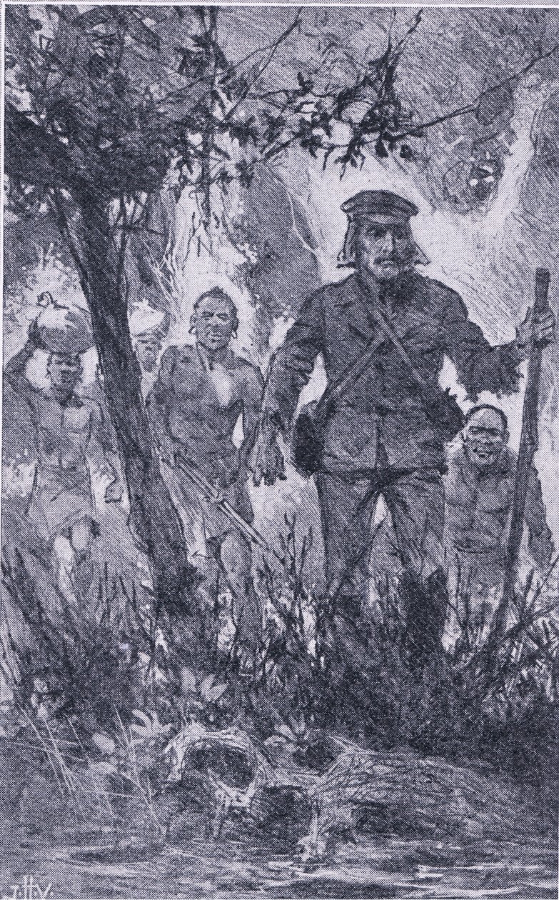 Livingstone sparò al leone, ma il leone lo attaccò mordendogli la spalla e rompendogli il braccio sinistro, Newnes Pictorial Knowledge pubblicato da Newnes, c.1950 da John Harris Valda