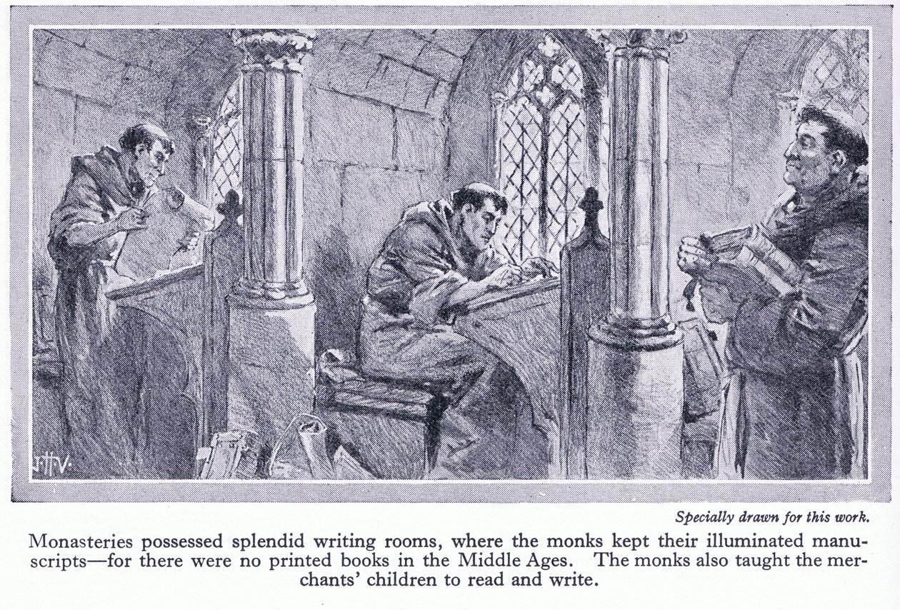 I monasteri avevano splendide sale di scrittura, dove i monaci conservavano manoscritti miniati, c.1950 da John Harris Valda