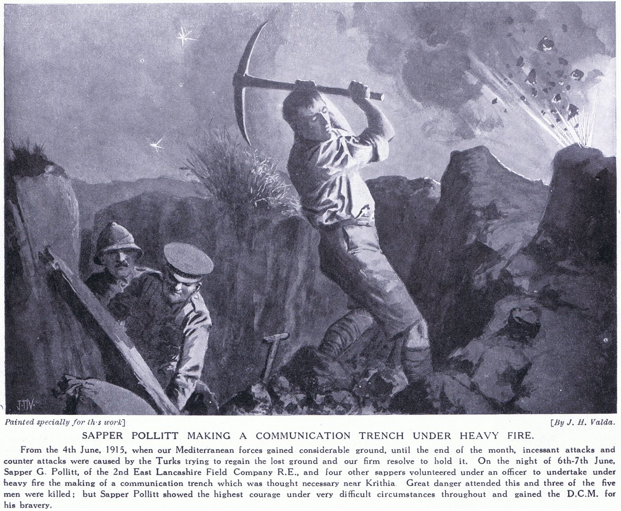 Il Genio Pollitt che crea una trincea di comunicazione sotto pesante fuoco alla Penisola di Gallipoli, giugno 1915 da John Harris Valda