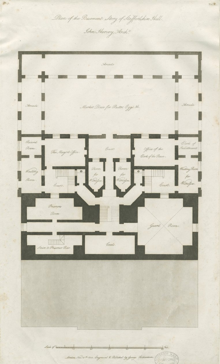 Stafford - Piano del seminterrato della Shire Hall: incisione, nd [1794-1798] da John Harvey