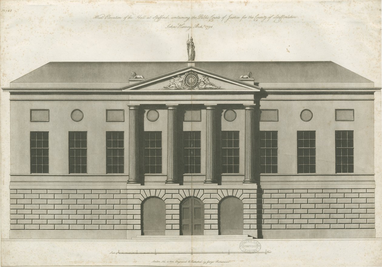 Stafford - Shire Hall: incisione ad acquatinta da John Harvey