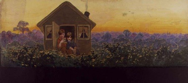 Le cime degli alberi al tramonto un anno dopo: Peter nella casetta con Wendy durante la sua visita annuale di pulizie di primavera, illustrazione per 