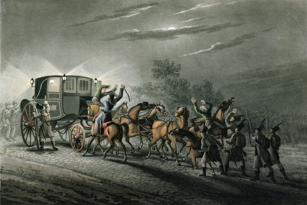 La Cattura della Carrozza di Bonaparte, Documenti e Tesoro da parte del Maggiore von Keller, Waterloo, 18 Giugno 1815, inciso da Matthew Dubourg da John Heaviside Clark