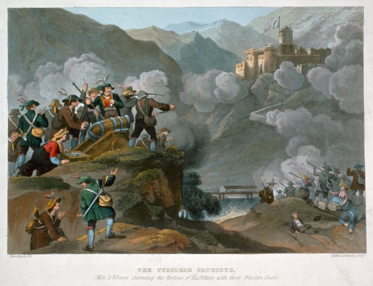 I patrioti tirolesi assaltano la fortezza di Kuffstein con i loro cannoni di legno, 1816 da John Heaviside Clark