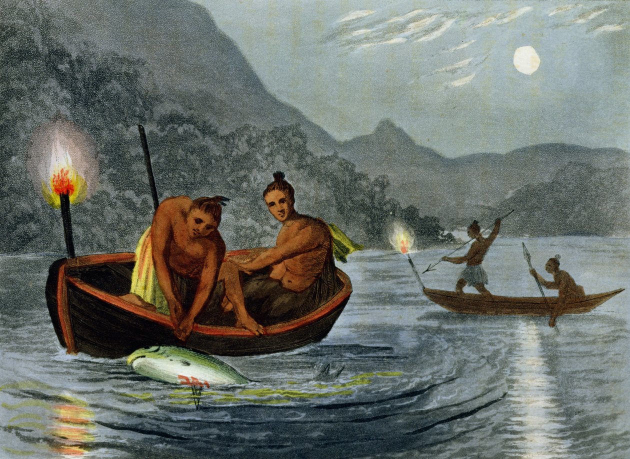 Pesca alla luce delle torce in Nord America, inciso da H. Merke, pubblicato da Edward Orme da John Heaviside Clark