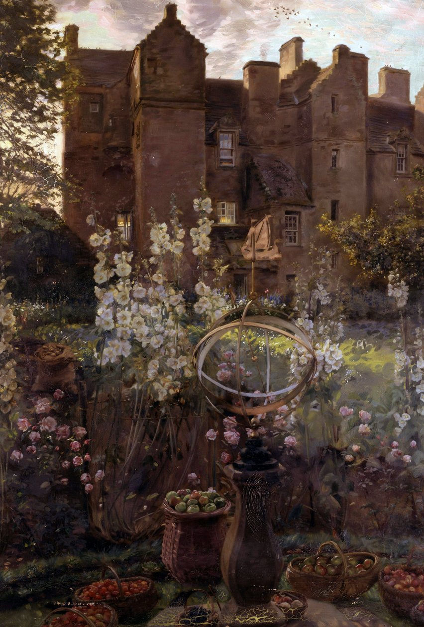 Castello di Kellie, Fife, Scozia. Castello scozzese con scultura di natura morta e cesto di frutta in primo piano. Dipinto di John Henry Lorimer (1856-1936, Gran Bretagna) Collezione privata da John Henry Lorimer