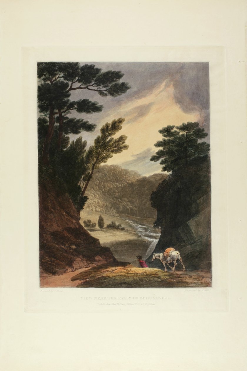 Veduta vicino alle cascate di Schuylkill, Pennsylvania, tavola cinque del primo numero di Vedute pittoresche del paesaggio americano da John Hill