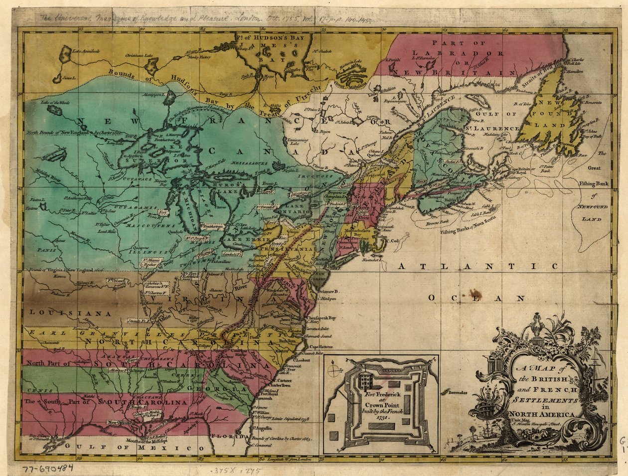 Mappa degli insediamenti britannici e francesi in Nord America. LOC 77690484 da John Hinton