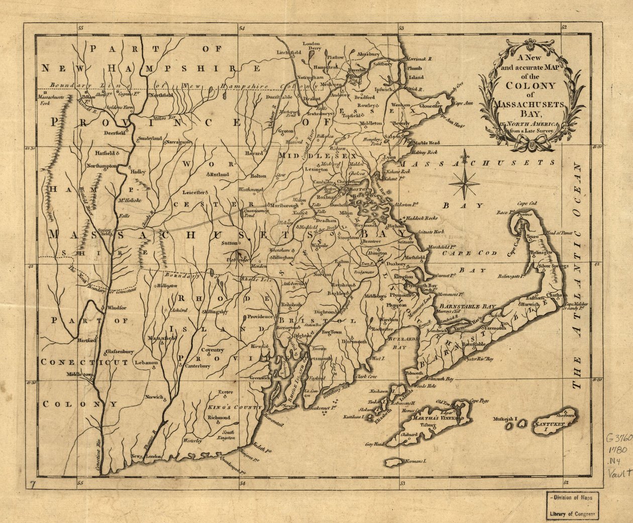 Una nuova e accurata mappa della colonia di Massachusetts Bay, in Nord America, ricavata da un