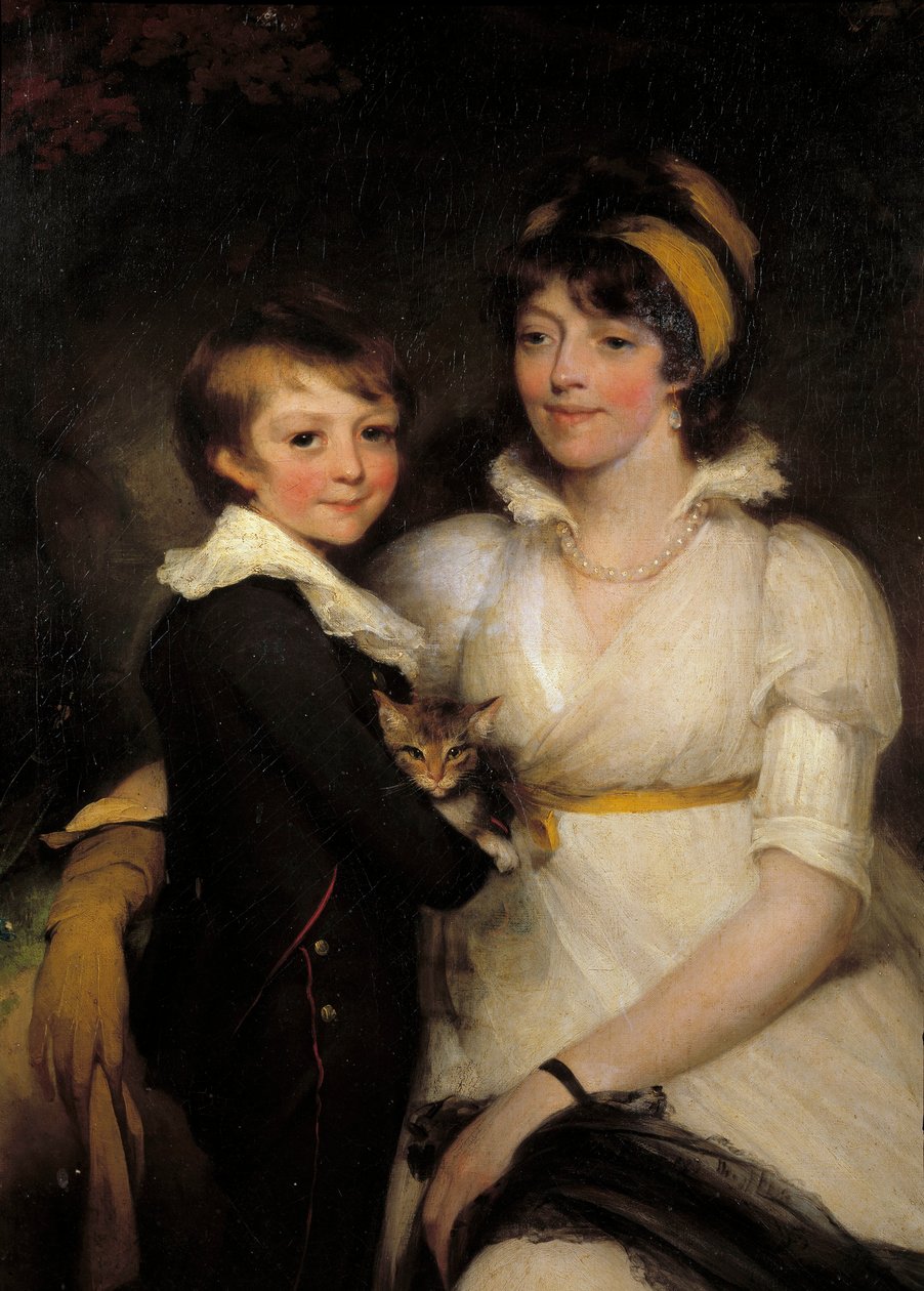 Giovane donna e bambino che tiene un gatto Dipinto di John Hoppner (1758-1810) da John Hoppner