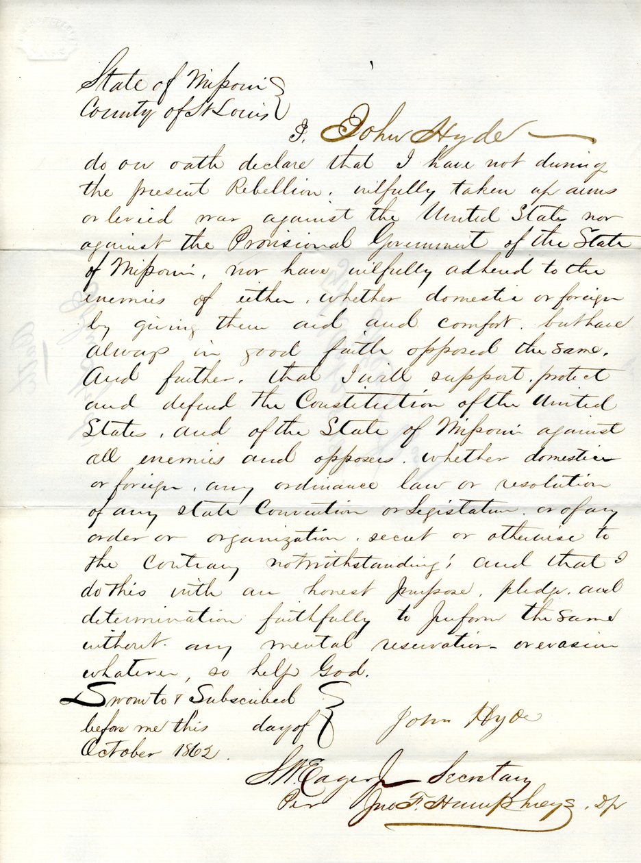 Giuramento di fedeltà di John Hyde del Missouri, Contea di St. Louis da John Hyde