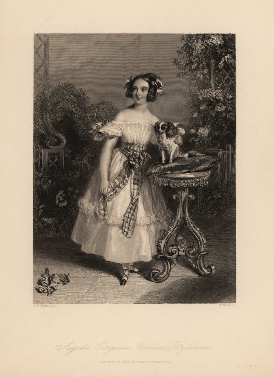 Augusta Georgina Frederica Fitzclarence, figlia di Lord Frederic Fitzclarence, figlio illegittimo del re Guglielmo IV. Indossa i capelli a boccoli e nastri, un vestito scollato con una fascia e tiene un cane King Charles su un cuscino da John James (after) Chalon