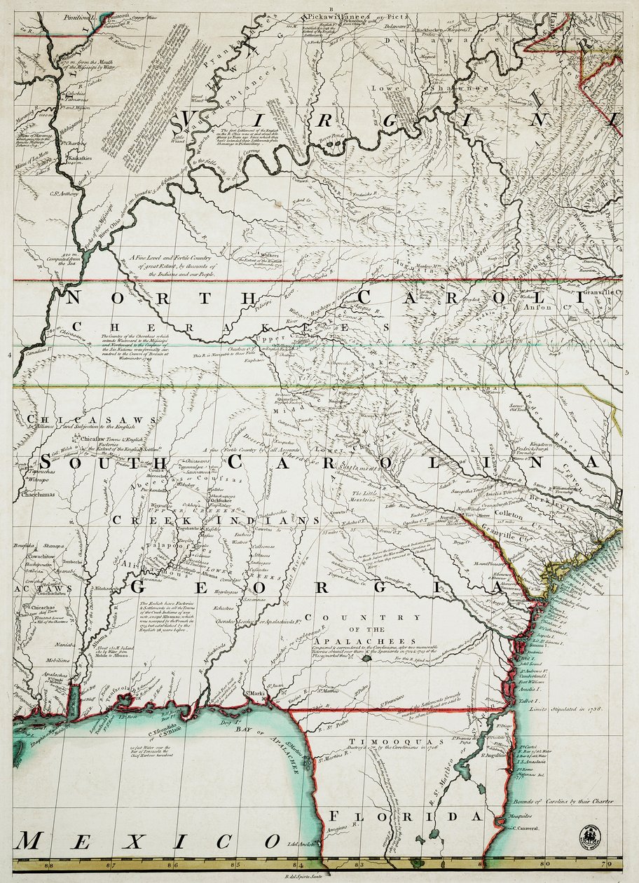 Mappa dei domini britannici e francesi in Nord America con le strade, le distanze, i limiti e l
