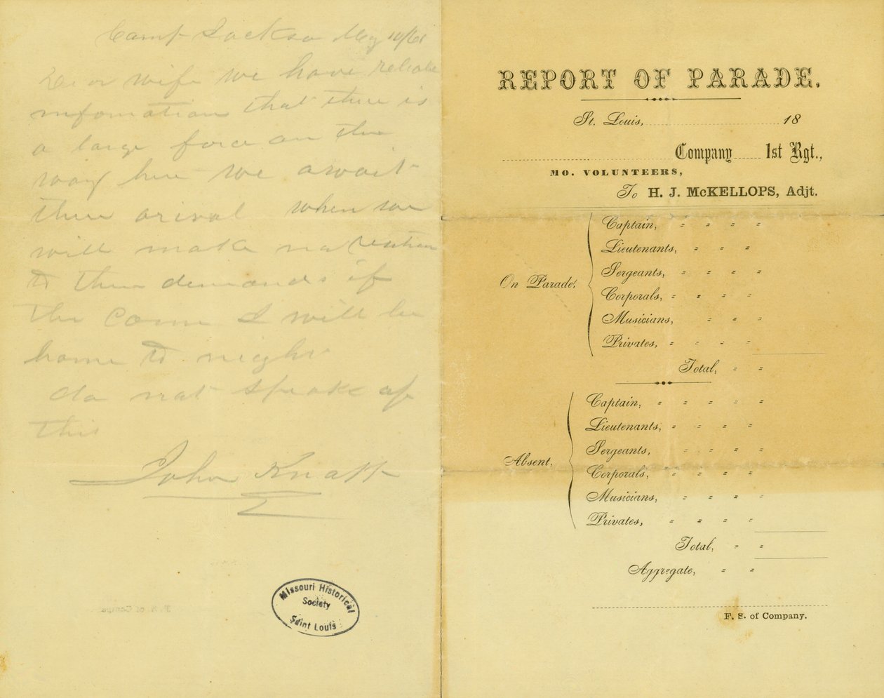 Lettera di John Knapp, Camp Jackson, alla moglie, 10 maggio 1861 da John Knapp