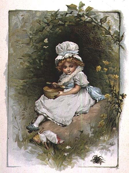 La piccola Miss Muffet, da un libro illustrato di filastrocche per bambini da John Lawson