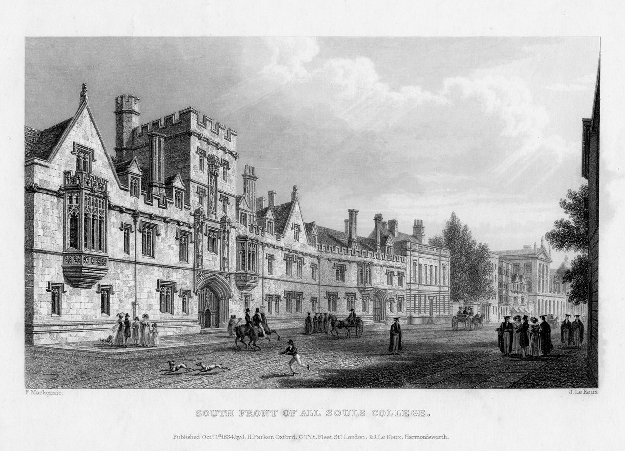 Facciata sud di All Souls College, Università di Oxford, 1834 da John Le Keux
