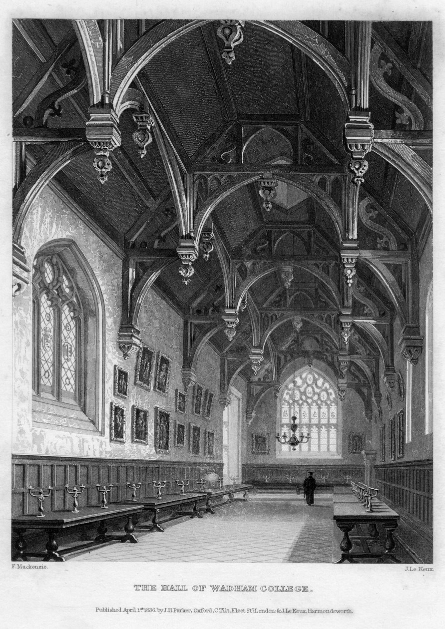 La sala del Wadham College, Università di Oxford, 1836 da John Le Keux