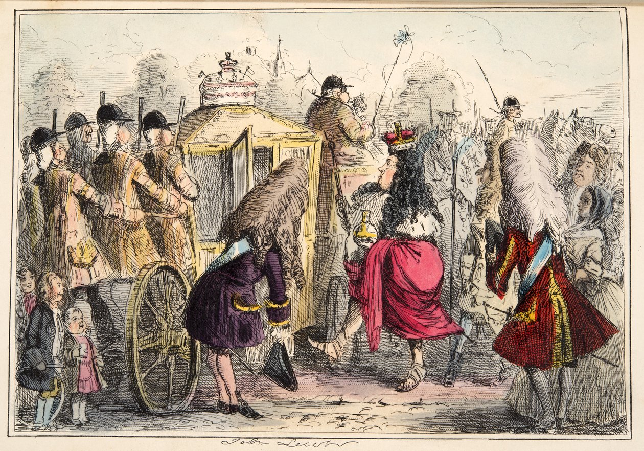 Georgey Porgey il Primo che esce per una passeggiata nella sua carrozza di stato, da The Comic History of England, pub. 1864 da John Leech